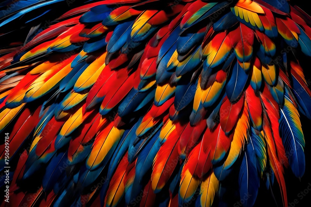 Obraz premium Colorful of Scarlet macaw bird's feathers with red yellow orange and blue shades, exotic nature.