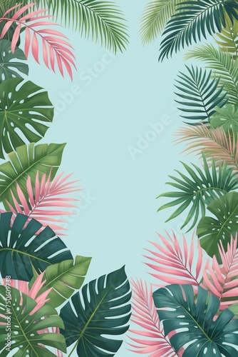 Tropical palm leaves and branches on a blue background  vertical composition