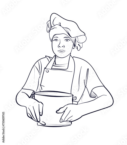 a hand-drawn drawing of a chef in a hat and apron with a saucepan in his hands vector
