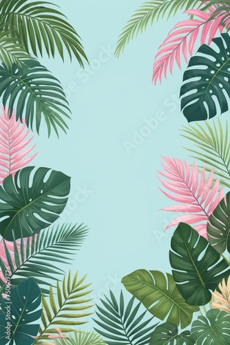 Tropical palm leaves and branches on a blue background, vertical composition © Thanh