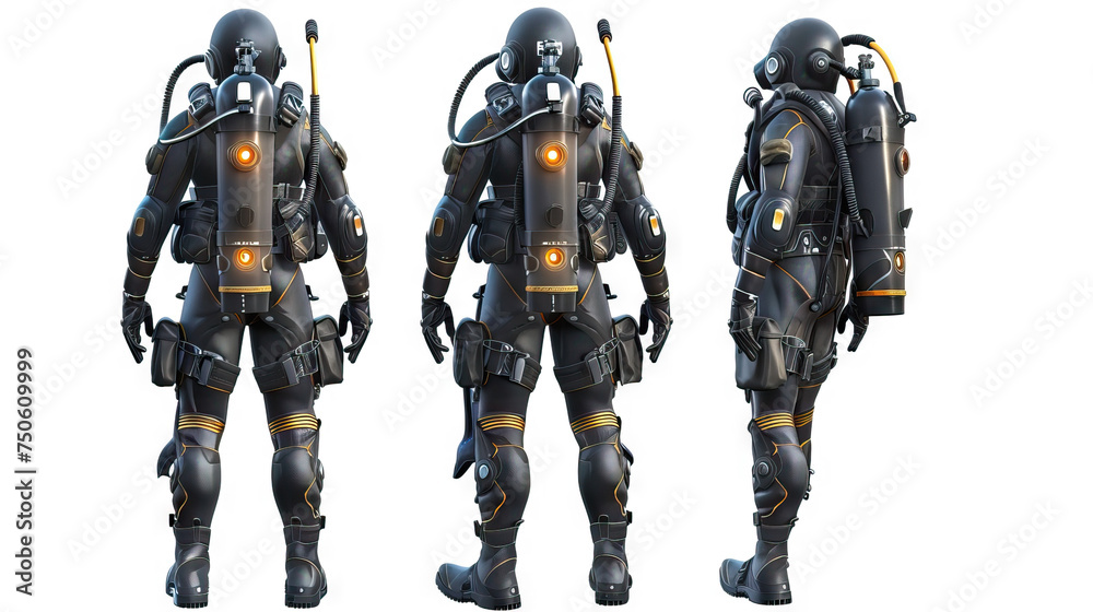 Cave Diver: A daring diver equipped with scuba gear and waterproof lights. 3d render in minimal style isolated on white backdrop. Character sheet. Multiple Different Angle Cave Diver: A daring diver equipped with scuba gear and waterproof lights. 3d render in minimal style isolated on white backdrop. Character sheet. Multiple Different Angle