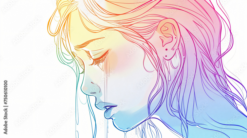 Rainbow gradient line drawing of a cartoon girl crying