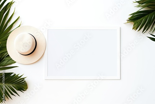 A strategically placed straw hat and green tropical leaves frame an expansive blank white space