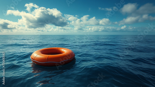 An orange lifebuoy floats on the open sea, symbolizing safety and hope under the vast sky © Natali