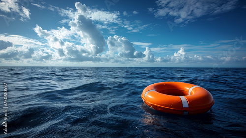 An orange lifebuoy floats on the open sea, symbolizing safety and hope under the vast sky