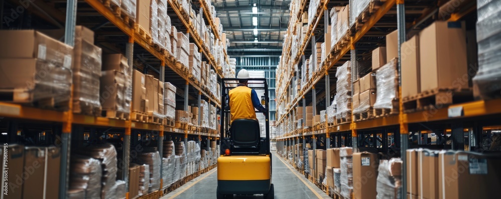 a worker drives a forklift inside a large warehouse and unloads goods onto the shelves.