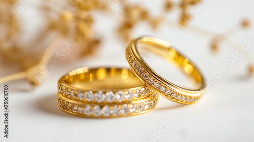 Pair of gold Wedding ring on a white background, macro shot.