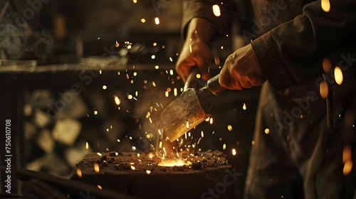 Capture the magic of a blacksmith forging a custom-designed ironwork masterpiece, surrounded by glowing hot metal and the tools of their trade, in the midst of their creative journey.