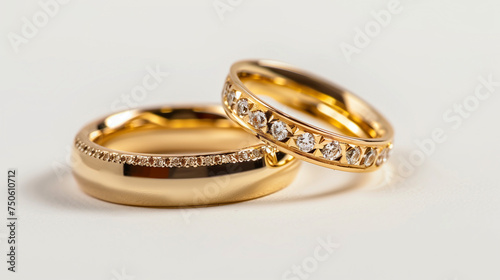 Pair of gold Wedding ring on a white background, macro shot.