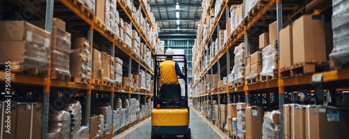 Obraz na płótnie a worker drives a forklift inside a large warehouse and unloads goods onto the shelves. w salonie