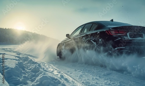 Black modern powerful car driving fast on snow and drifting with amazing backgorund