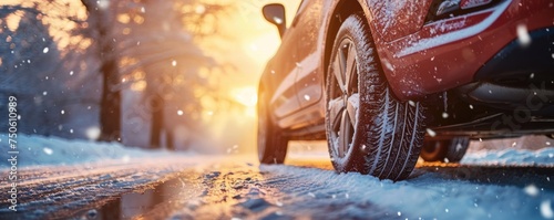Closeup side view of car with winter tires on a road covered with snow, blurry snowy background. photo