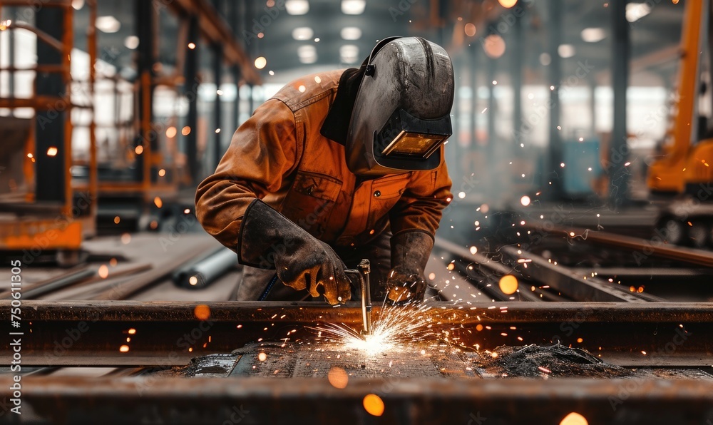 Construction worker is welding iron structure on construction site, wearing orange and yellow reflect working suit with safety helmet. Construction worker is welding iron structure on construction site, wearing orange and yellow reflect working suit with safety helmet.