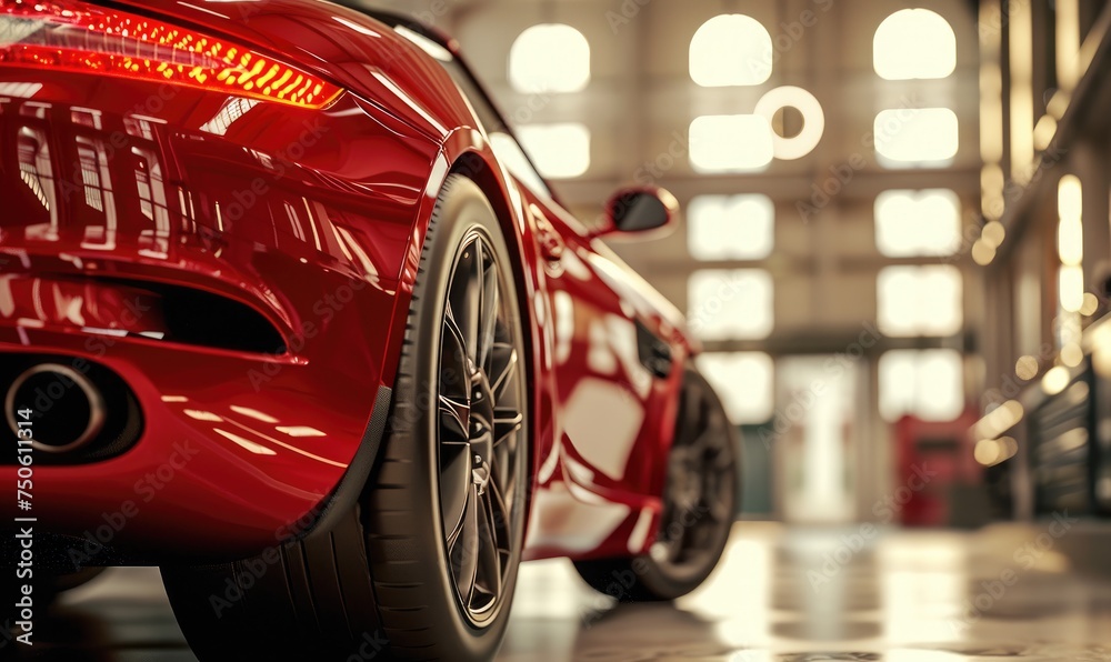 Capturing the sleek design and advanced technology of a luxury concept car, this close up highlights the intricate details of a parked vehicle's alloy wheel and synthetic rubber tire