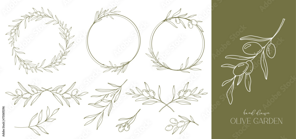 Olives Line Drawing. Black and white Olive Frame. Olive Wreath Isolated. Floral Line Art. Fine Line Olive  illustration. Black and white Olive Branches. Hand Drawn Olive. Wedding invitation greenery