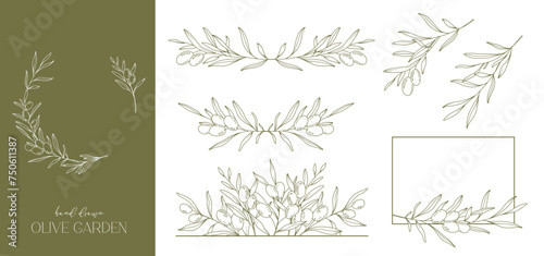 Olives Line Drawing. Black and white Olive Frame. Olive Wreath Isolated. Floral Line Art. Fine Line Olive  illustration. Black and white Olive Branches. Hand Drawn Olive. Wedding invitation greenery