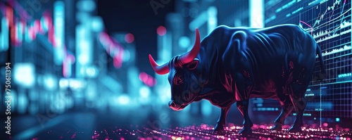 In the fast-paced world of stock and crypto, a majestic bull with a vibrant red and blue design charges forward, embodying the bullish trend and graph data while radiating a sense of strength  © Daniela