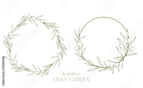 Olives Line Drawing. Black and white Olive Frame. Olive Wreath Isolated. Floral Line Art. Fine Line Olive  illustration. Black and white Olive Branches. Hand Drawn Olive. Wedding invitation greenery photo