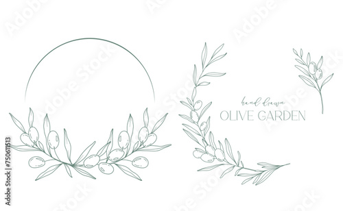 Olives Line Drawing. Black and white Olive Frame. Olive Wreath Isolated. Floral Line Art. Fine Line Olive  illustration. Black and white Olive Branches. Hand Drawn Olive. Wedding invitation greenery