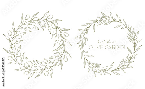 Olives Line Drawing. Black and white Olive Frame. Olive Wreath Isolated. Floral Line Art. Fine Line Olive  illustration. Black and white Olive Branches. Hand Drawn Olive. Wedding invitation greenery