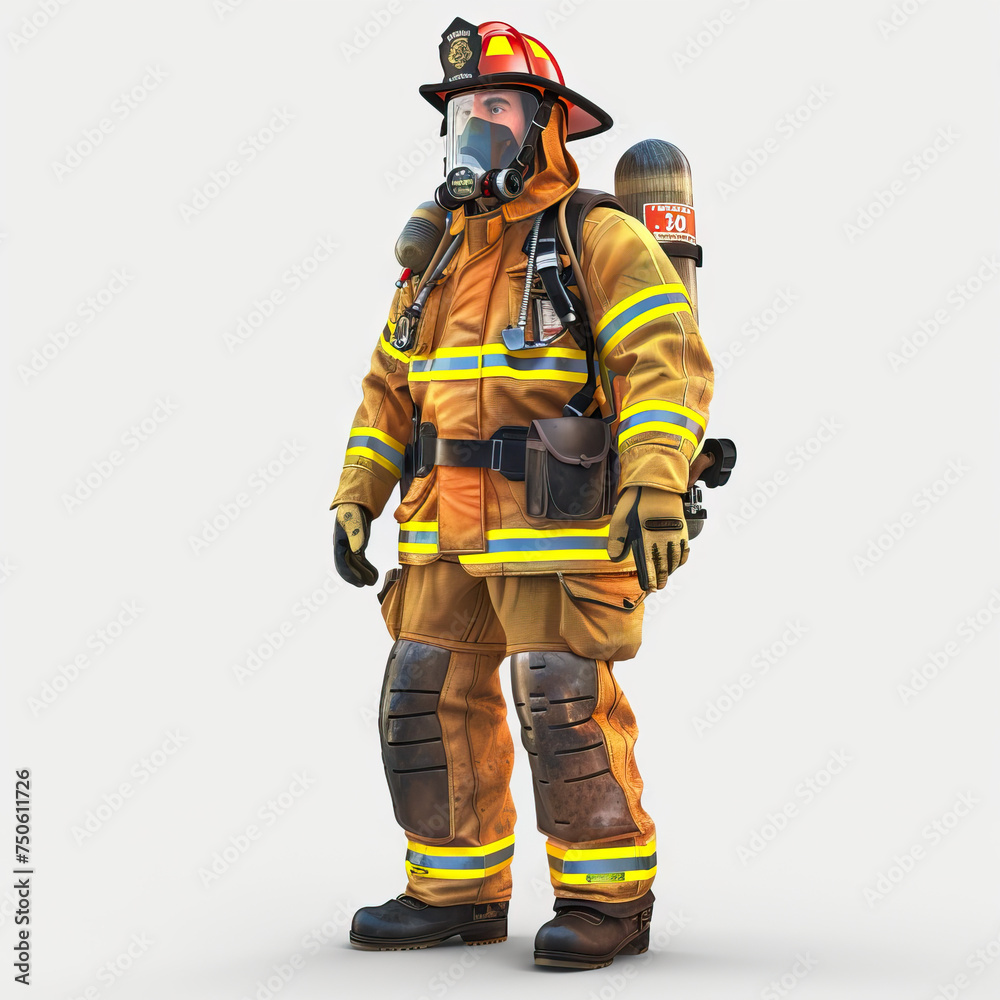 Firefighter: A brave firefighter in turnout gear and a helmet. 3d render in minimal style isolated on white backdrop Firefighter: A brave firefighter in turnout gear and a helmet. 3d render in minimal style isolated on white backdrop