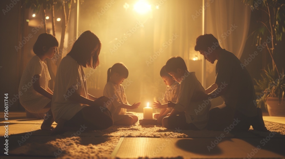 Family prays on knees together Christianity scene