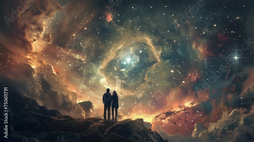 Two lovers look up at the starry sky photo