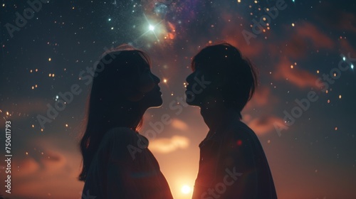 Two lovers on starry sky background