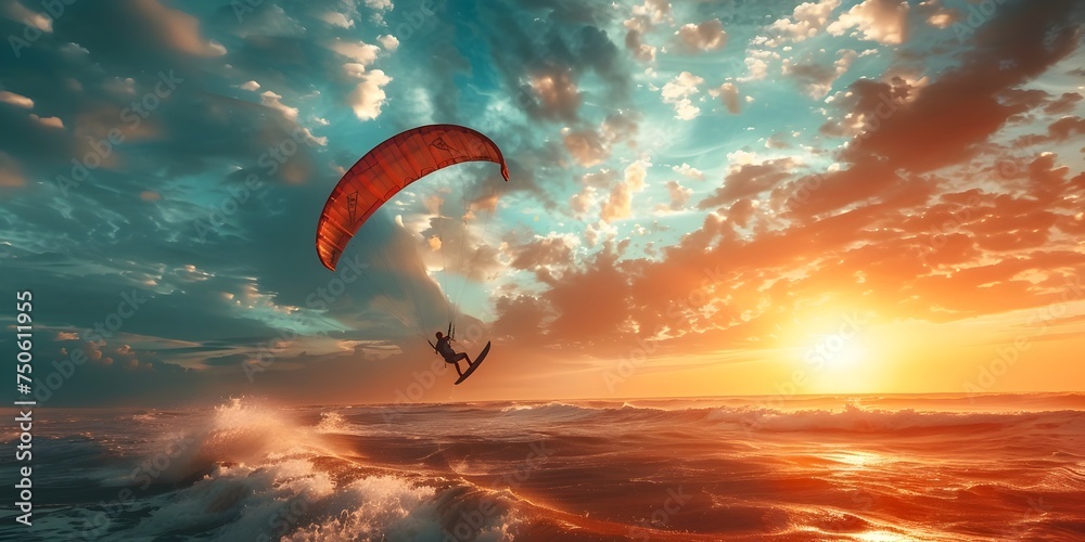Kitesurfer Glides Through Stormy Sea at Sunset - obrazy, fototapety, plakaty 