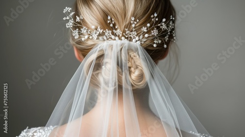 Bridal details hairstyle accessories bride with a veil from behind
