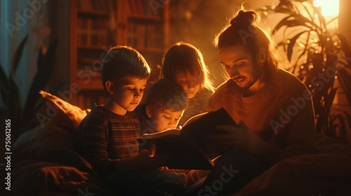Family reads from the Bible at night