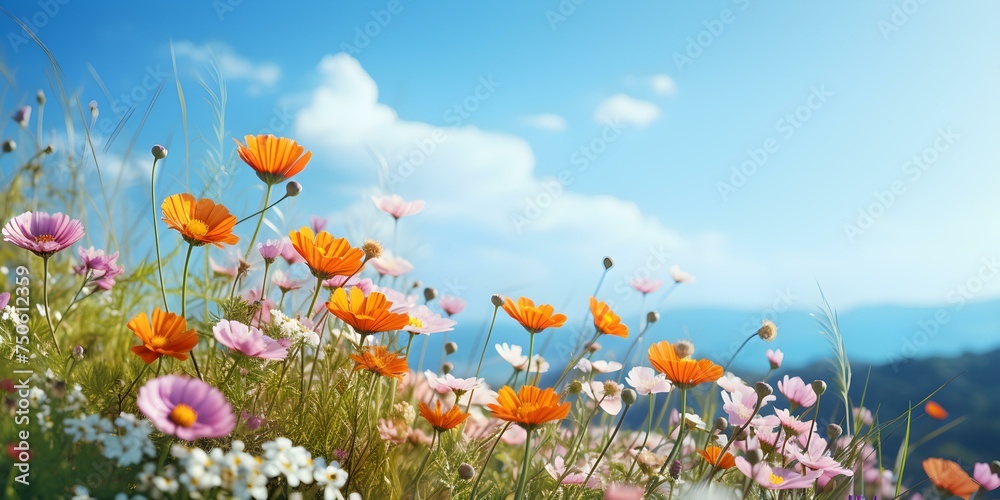 Blossoming wildflowers under a captivating blue sky in panoramic beauty. Concept Nature Photography, Wildflowers, Blue Sky, Panoramic Views