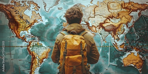 Man Studying World Map with Backpack in Vintage Style