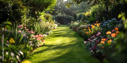 Sunny Garden Path with Colorful Flowers and Vibrant Sunrays