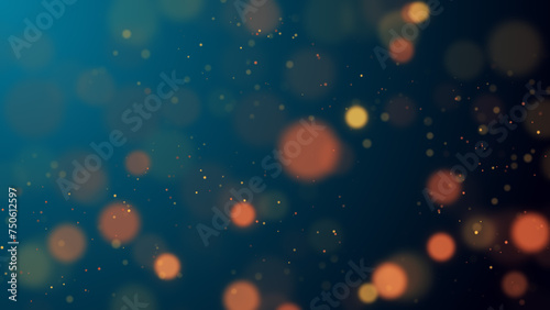 abstract gold bokeh on dark blue wallpaper, glowing shiny particles, blank design element 