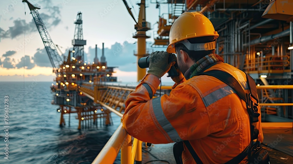 a worker using binoculars to scan the horizon from an oil platform, subtly highlighting the vast expanse of the sea and the industrious nature of offshore operations. a worker using binoculars to scan the horizon from an oil platform, subtly highlighting the vast expanse of the sea and the industrious nature of offshore operations.