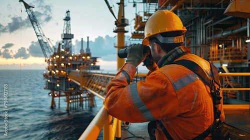 a worker using binoculars to scan the horizon from an oil platform, subtly highlighting the vast expanse of the sea and the industrious nature of offshore operations.