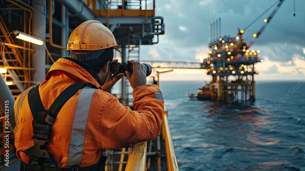 a worker using binoculars to scan the horizon from an oil platform, subtly highlighting the vast expanse of the sea and the industrious nature of offshore operations. a worker using binoculars to scan the horizon from an oil platform, subtly highlighting the vast expanse of the sea and the industrious nature of offshore operations.