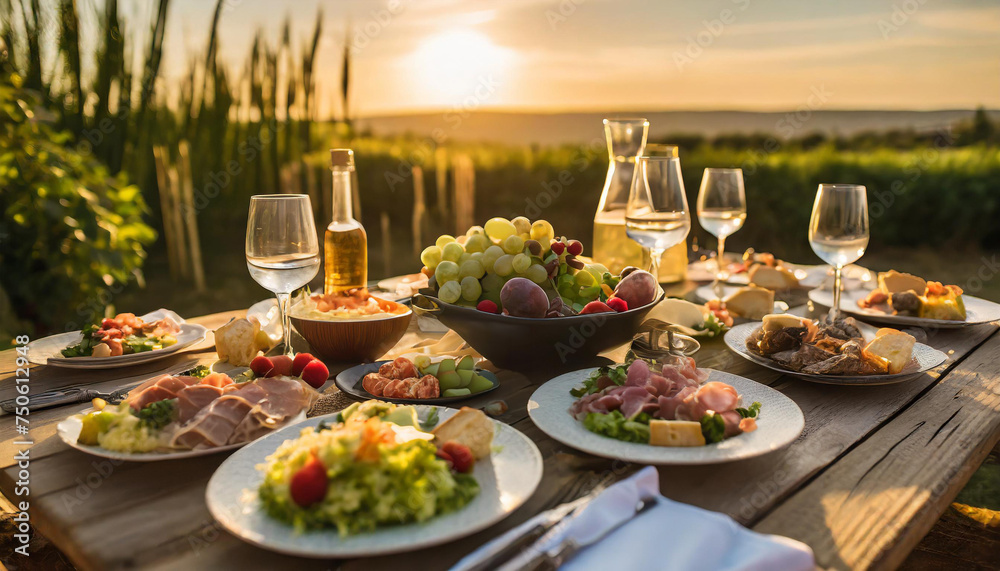 table with food; romatic dinner table; sunset dinner