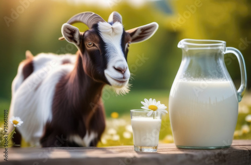 Young goat and milk in glass jug in summer field with flowers sunny afternoon with blurred background. Farming. Health benefits of farm milk. Micronutrients, beta-casein