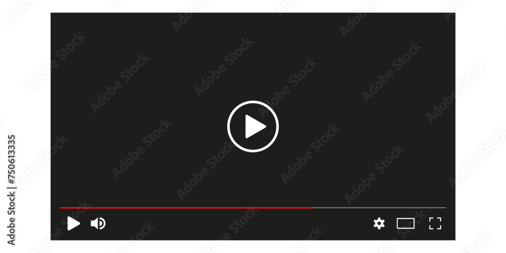 Video player screen. Play movie vector template. Music video interface mockup. Web video browser display with play button. Isolated template on white background. Video player screen. Play movie vector template. Music video interface mockup. Web video browser display with play button. Isolated template on white background.