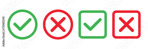 Checkmark x mark icon. Green checkmark and red x sign. Correct error vector symbol isolated on white background. Vote checkmark in circle and square box.