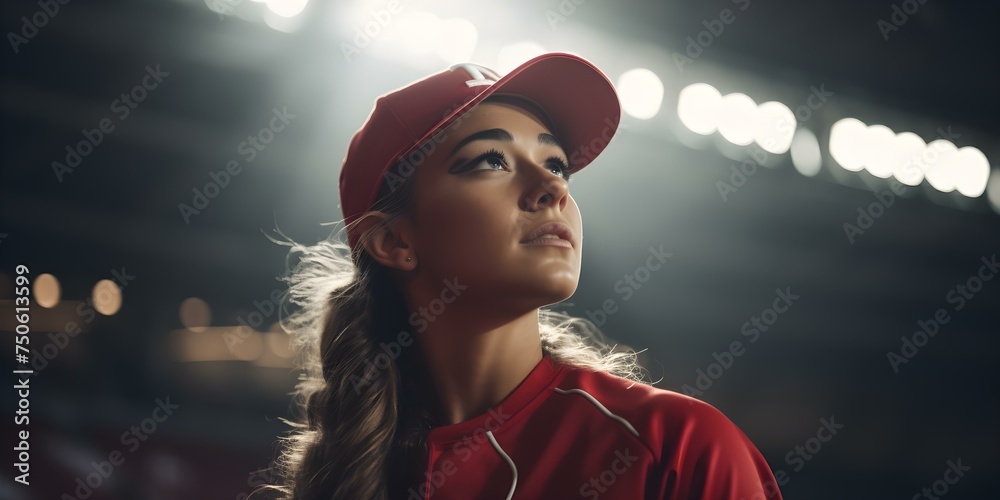 A stadiums bright lights cast a glowing spotlight on a softball player. Concept Sports