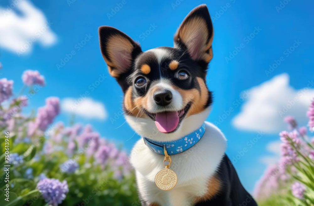 Close-up of a Chihuahua on a walk in a collar against a meadow of flowers and a clear blue sky. Dog grooming, dog salon, dog products, pet accessories, veterinary care Close-up of a Chihuahua on a walk in a collar against a meadow of flowers and a clear blue sky. Dog grooming, dog salon, dog products, pet accessories, veterinary care