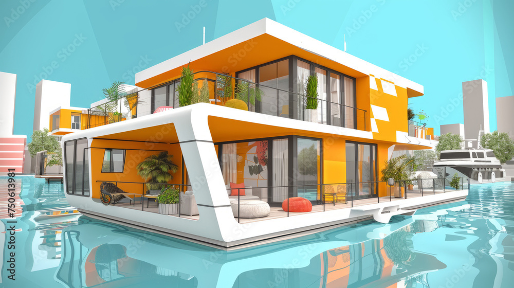 Modern houseboat near the city, the concept of a house on the water, freedom of movement, luxurious life