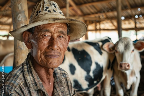 An older man in a hat is sitting in front of his cows, with black and white spots