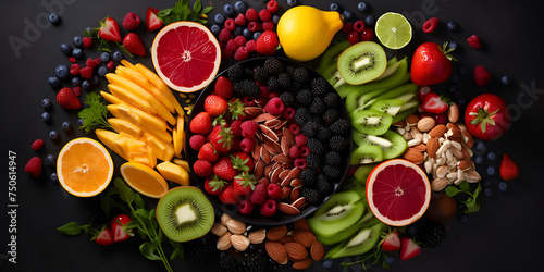fruits and vegetables  Top view of a healthy meal consisting of fresh fruits  vegetables  and lean proteins  arranged in an eye - catching and visually appealing way illustration generative ai