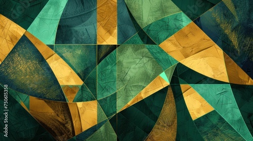 Abstract background in green and gold, in the style of cubism inspired banner