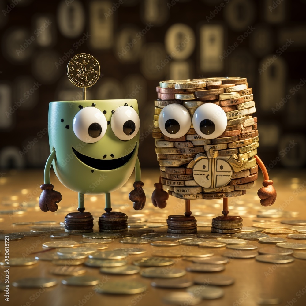 Cute cash and coin characters diverse denominations concept of currency - obrazy, fototapety, plakaty 