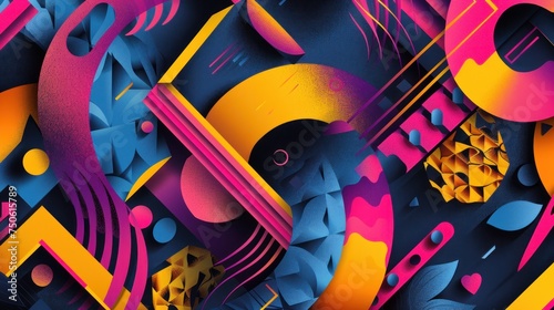 Digital illustration of abstract shapes in pink, yellow and dark cyan colors banner